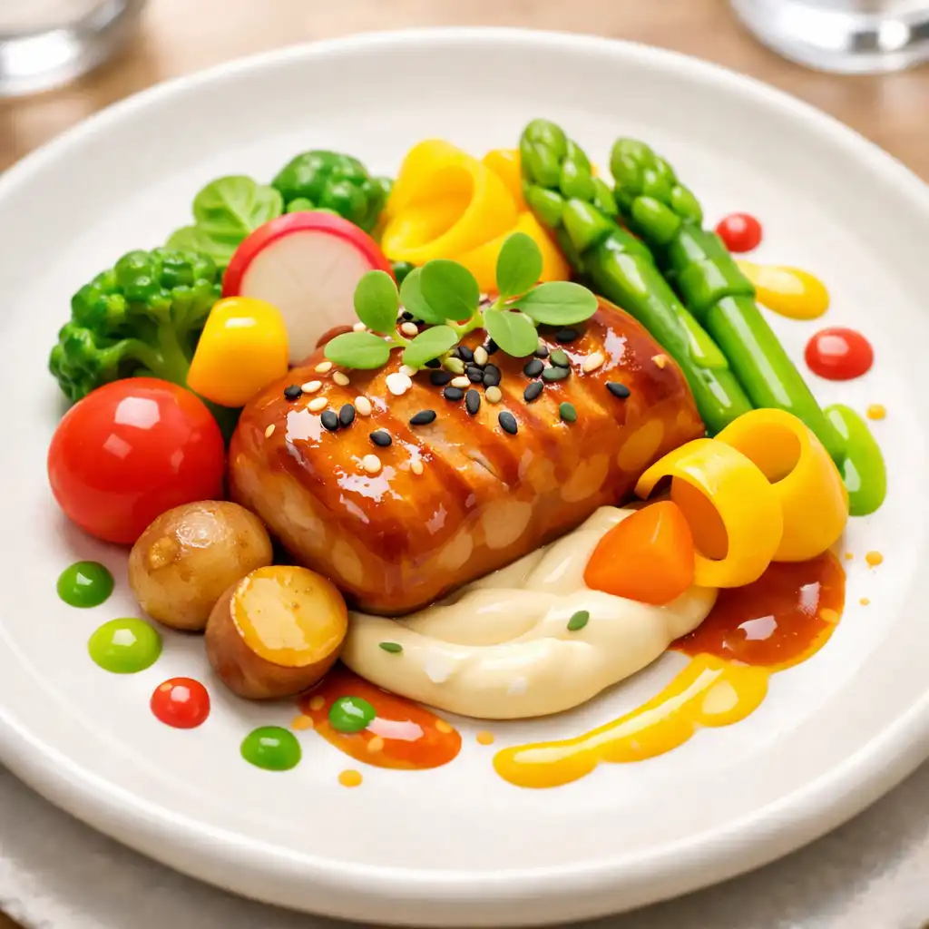Close-up of a colourful, beautifully plated dish at Food Veranda