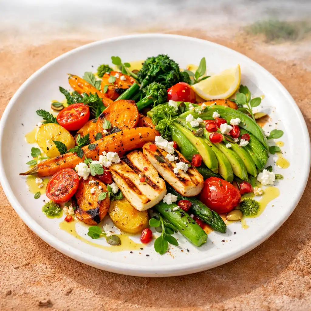 Colourful Australian dish with roasted vegetables and fresh herbs on a white plate
