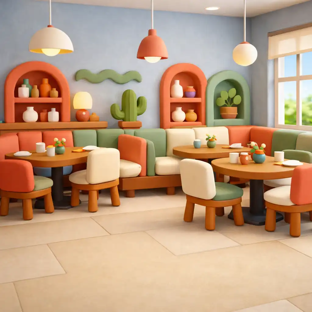 Bright, colourful dining room at Food Veranda with playful clay-like decor