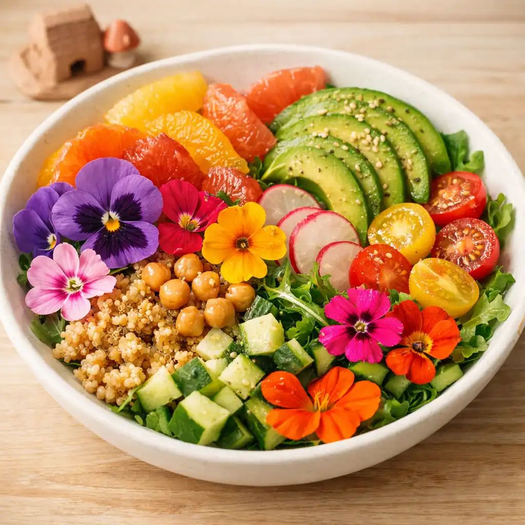 A colourful salad bowl with edible flowers, avocado, and citrus segments on a white ceramic plate