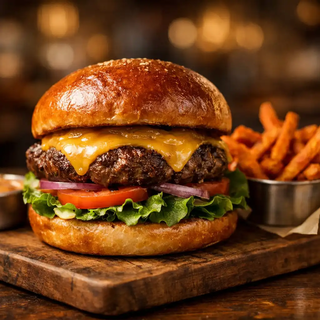 A gourmet burger with brioche bun, melted cheese, and fresh lettuce served on a wooden board with sweet potato fries