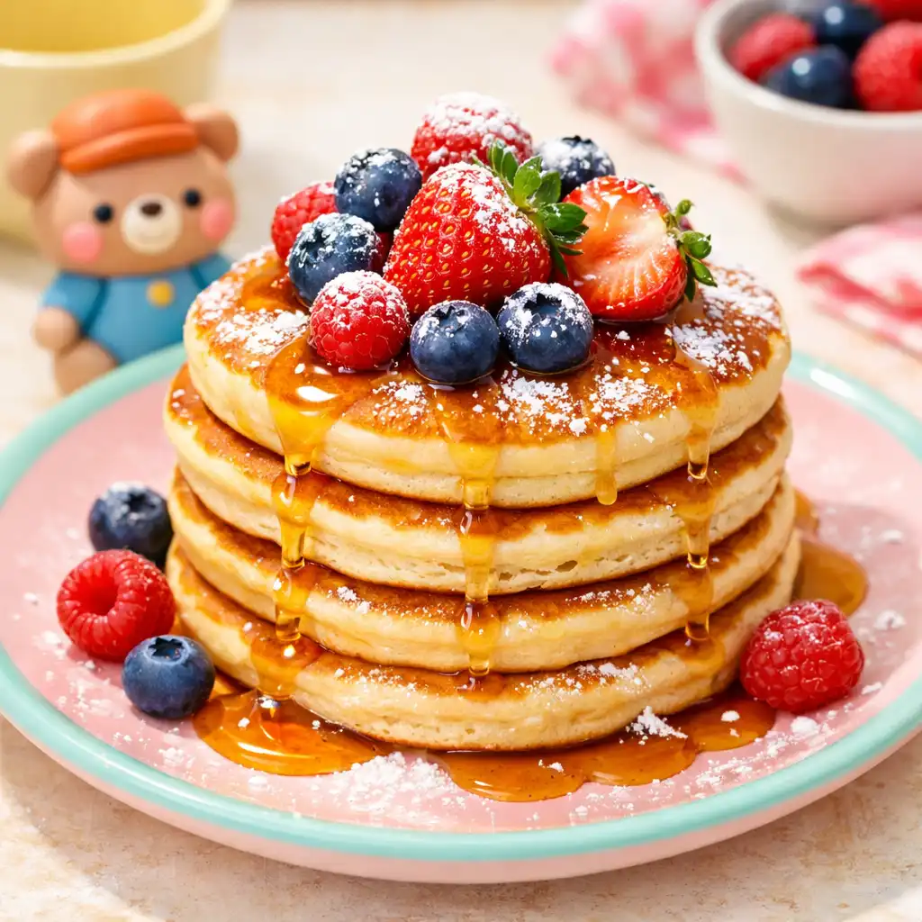 A stack of fluffy pancakes topped with berries, maple syrup, and powdered sugar on a pastel plate