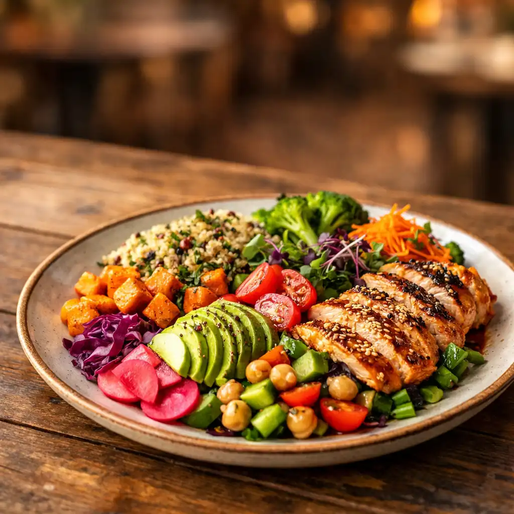 A vibrant, colourful plated dish on a rustic wooden table with soft natural light