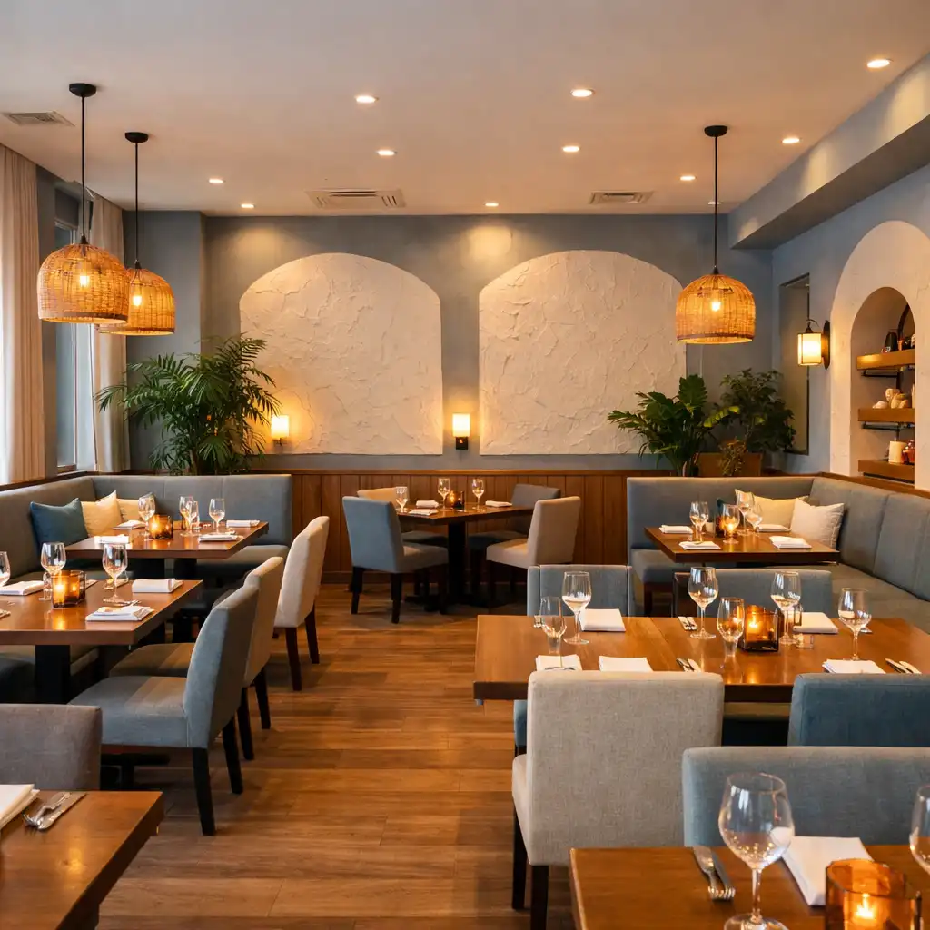 A wide shot of the Food Veranda dining area with soft blue-grey walls, white clay-like panels, and warm lighting