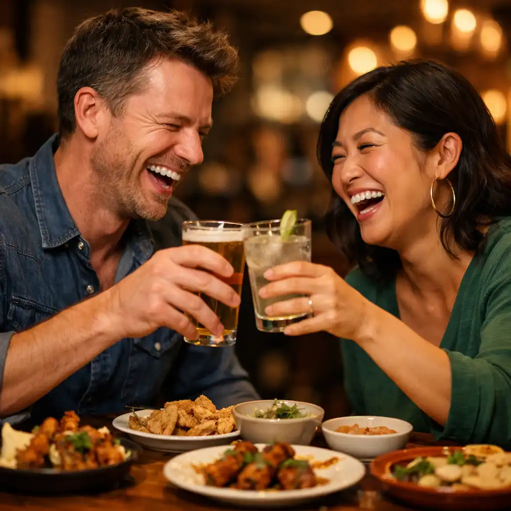Two people laughing and clinking glasses over a table of shared plates
