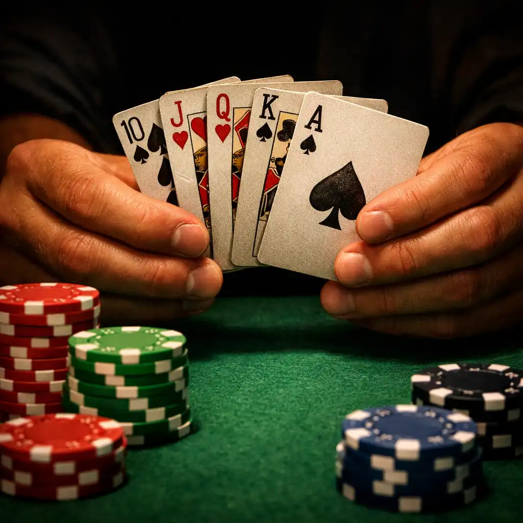 A close-up of hands holding a fan of playing cards over a green felt table with poker chips
