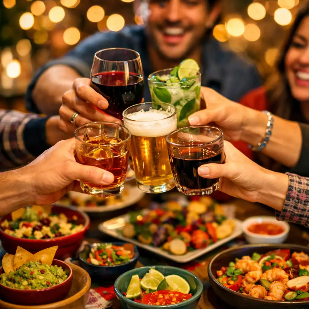 A group of friends raising their glasses in a toast at a table with colourful dishes