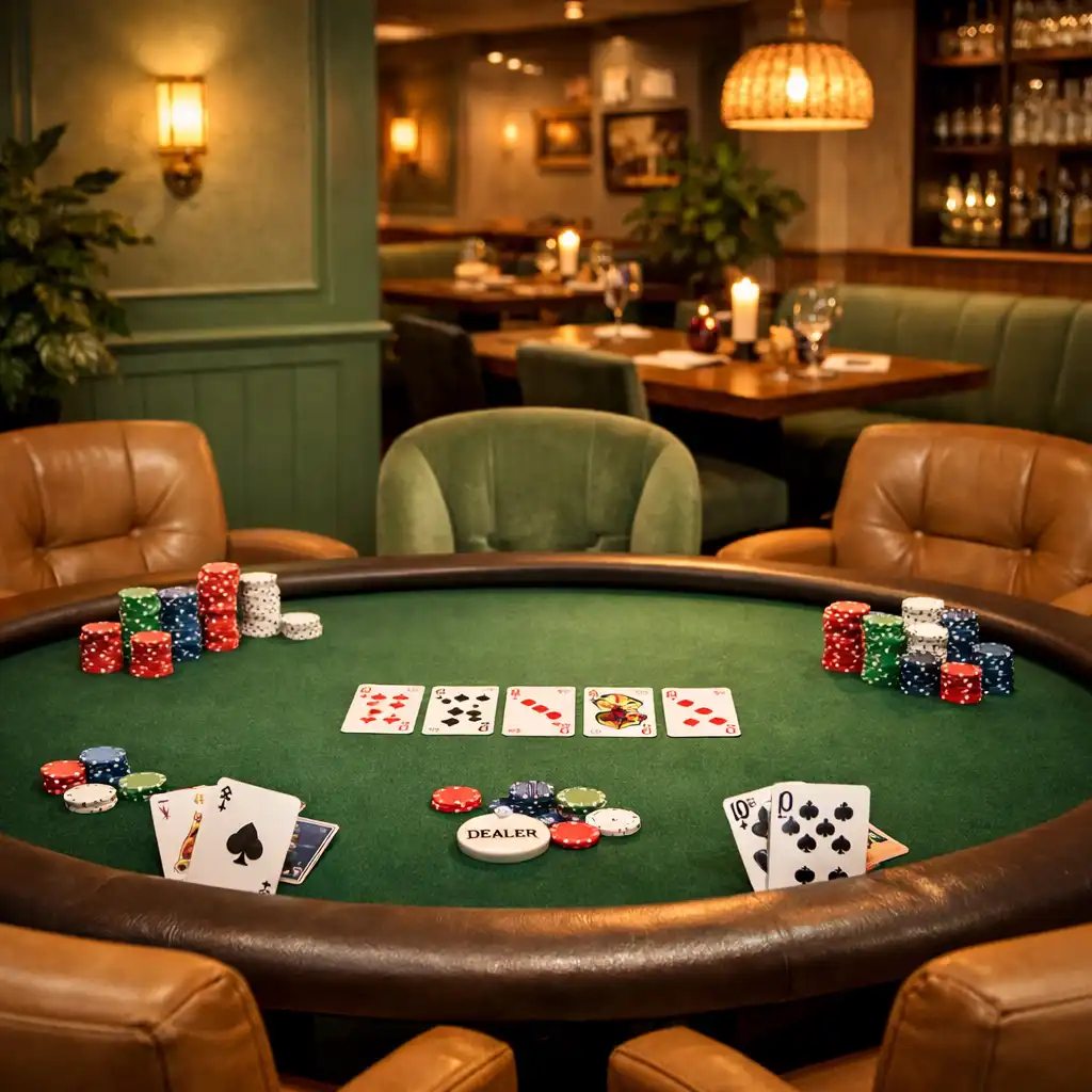 A view of the poker-table zone with a green felt table, physical playing cards, and colourful poker chips