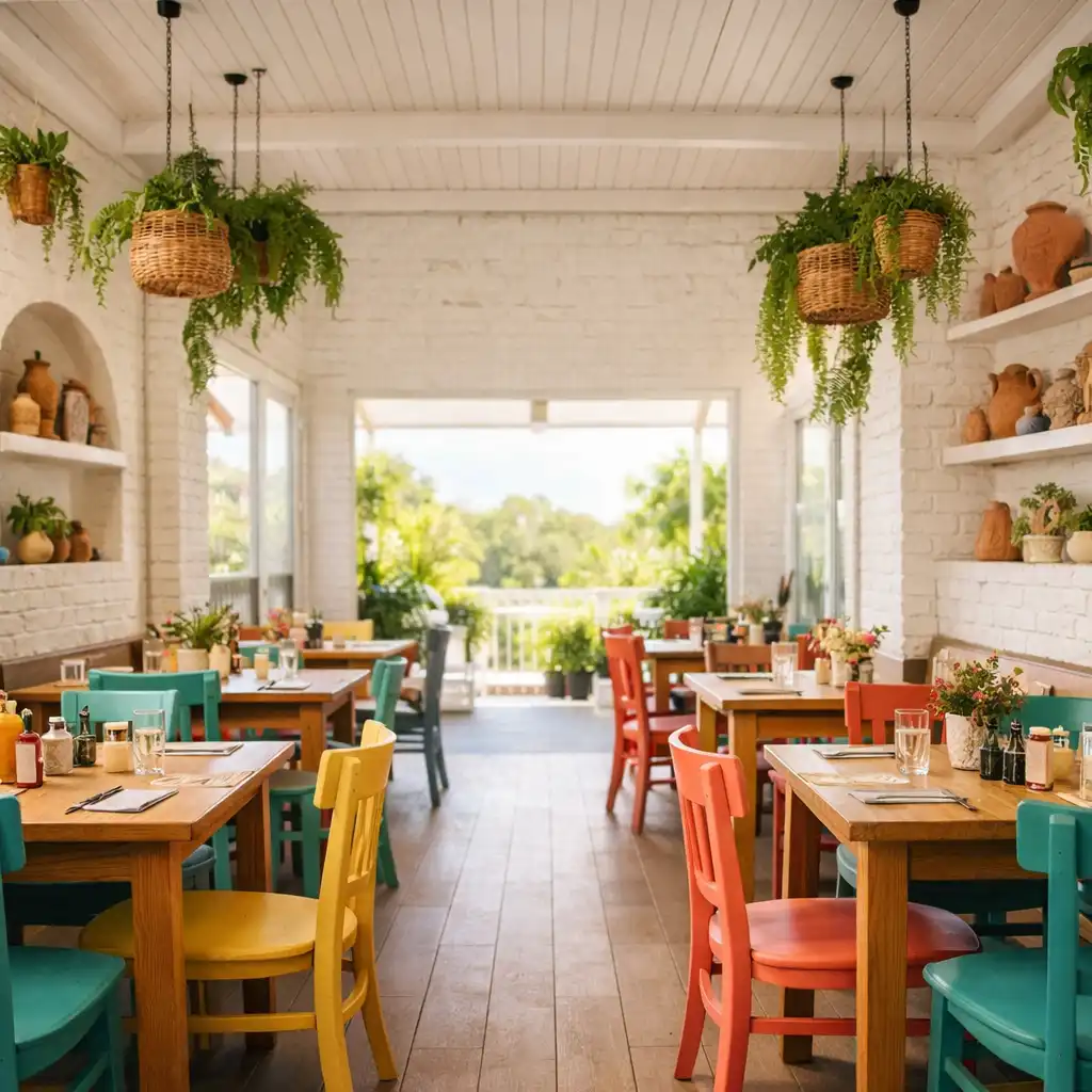 Bright Australian restaurant veranda with whitewashed brick, hanging plants, and colourful chairs