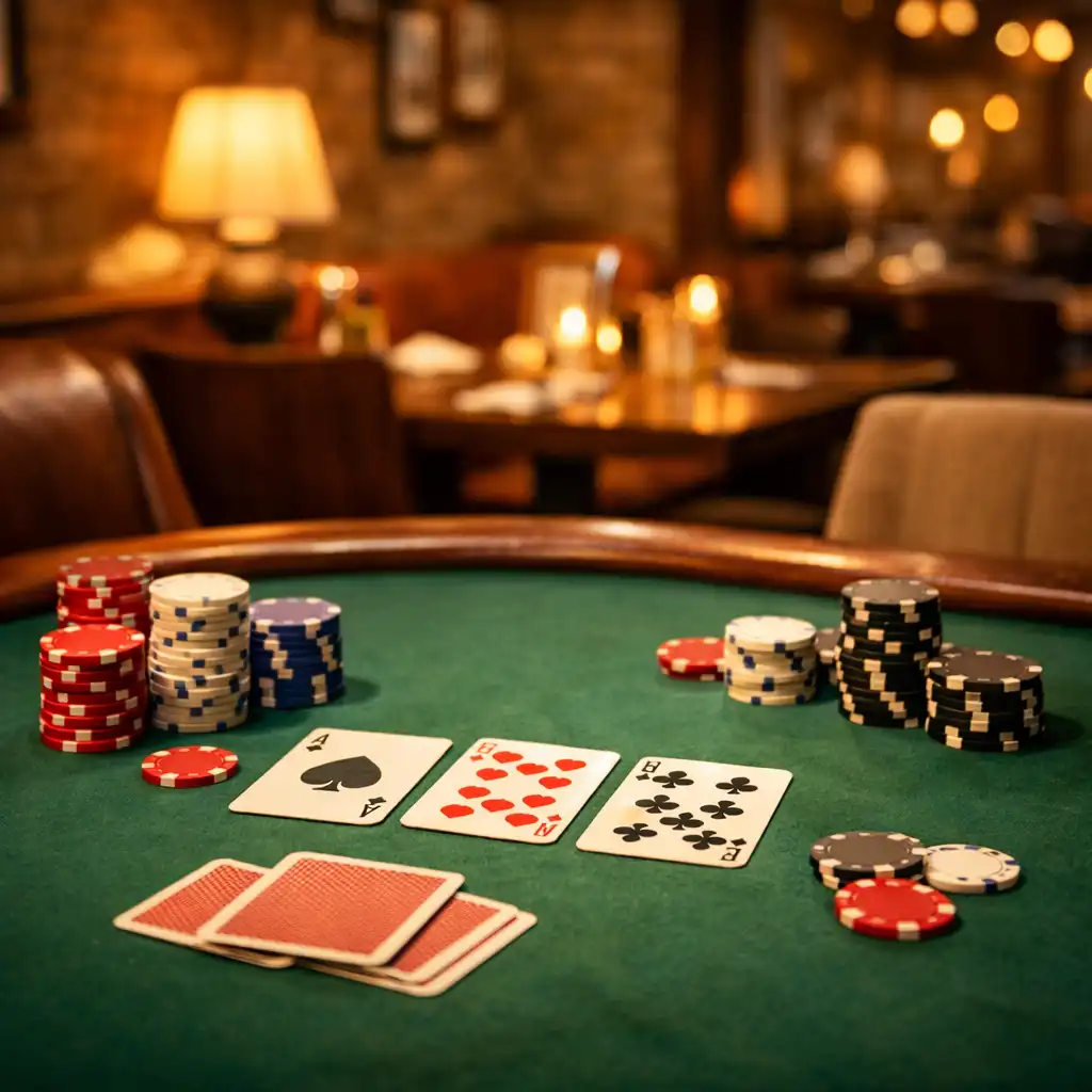 Physical poker table with clay chips and playing cards in a cosy restaurant corner