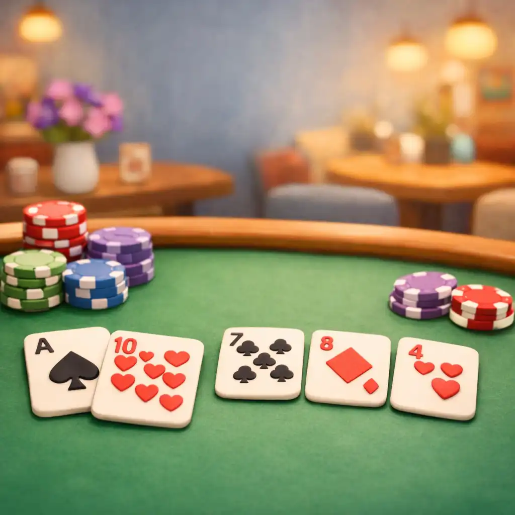 A warm, inviting physical poker table with cards and clay-like chips inside Food Veranda