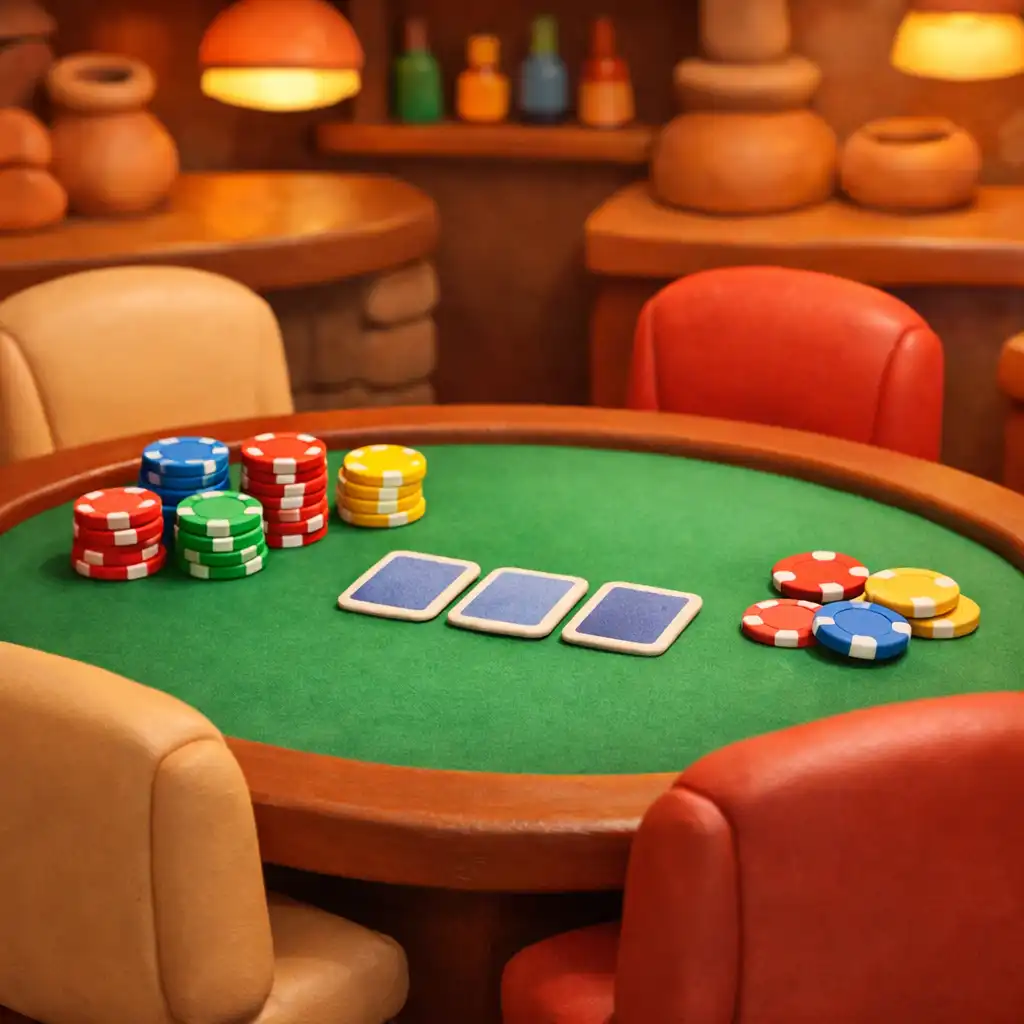 A warm poker table with green felt, playing cards, and clay chips surrounded by comfortable chairs in the Food Veranda poker zone
