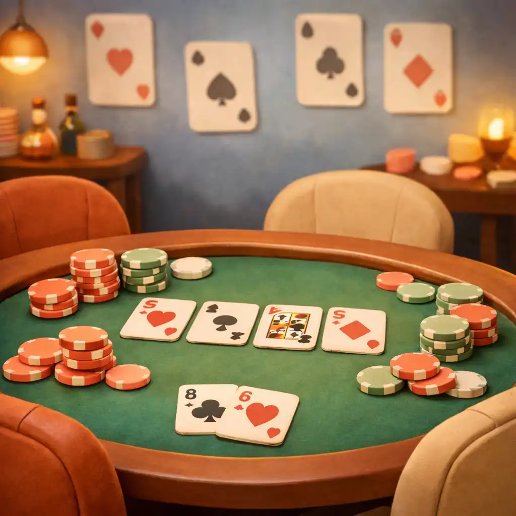Physical poker table with green felt, white cards, and colourful chips in a warm restaurant setting
