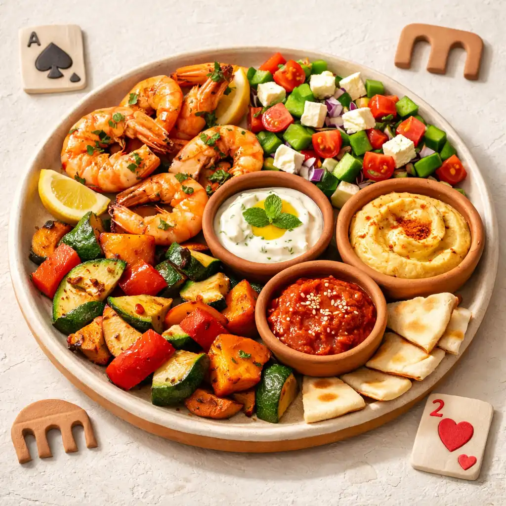 A colourful shared platter with grilled prawns, salads, and dips at Food Veranda