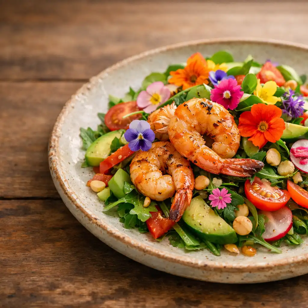Vibrant Australian salad with edible flowers and grilled prawns on a handmade ceramic plate