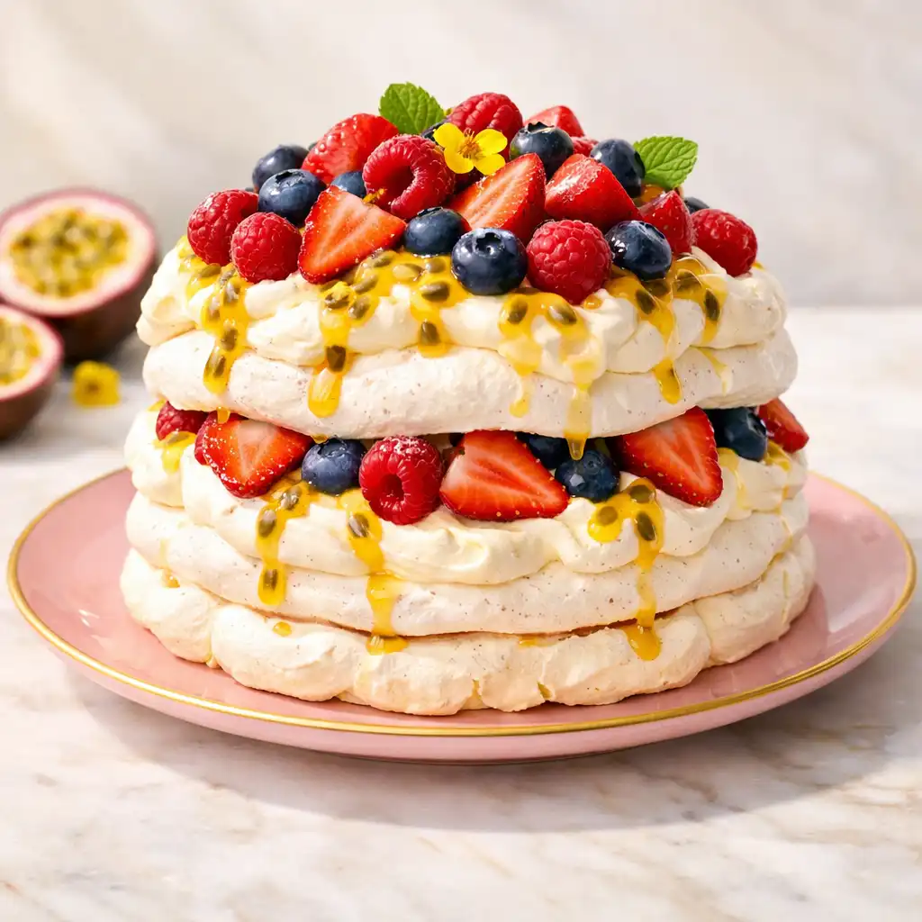 Layered pavlova with fresh berries and passionfruit on a pastel plate