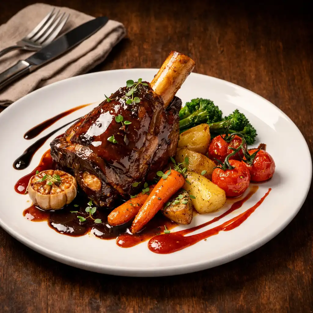 Slow-cooked lamb shank with roasted vegetables and glossy sauce on a white plate