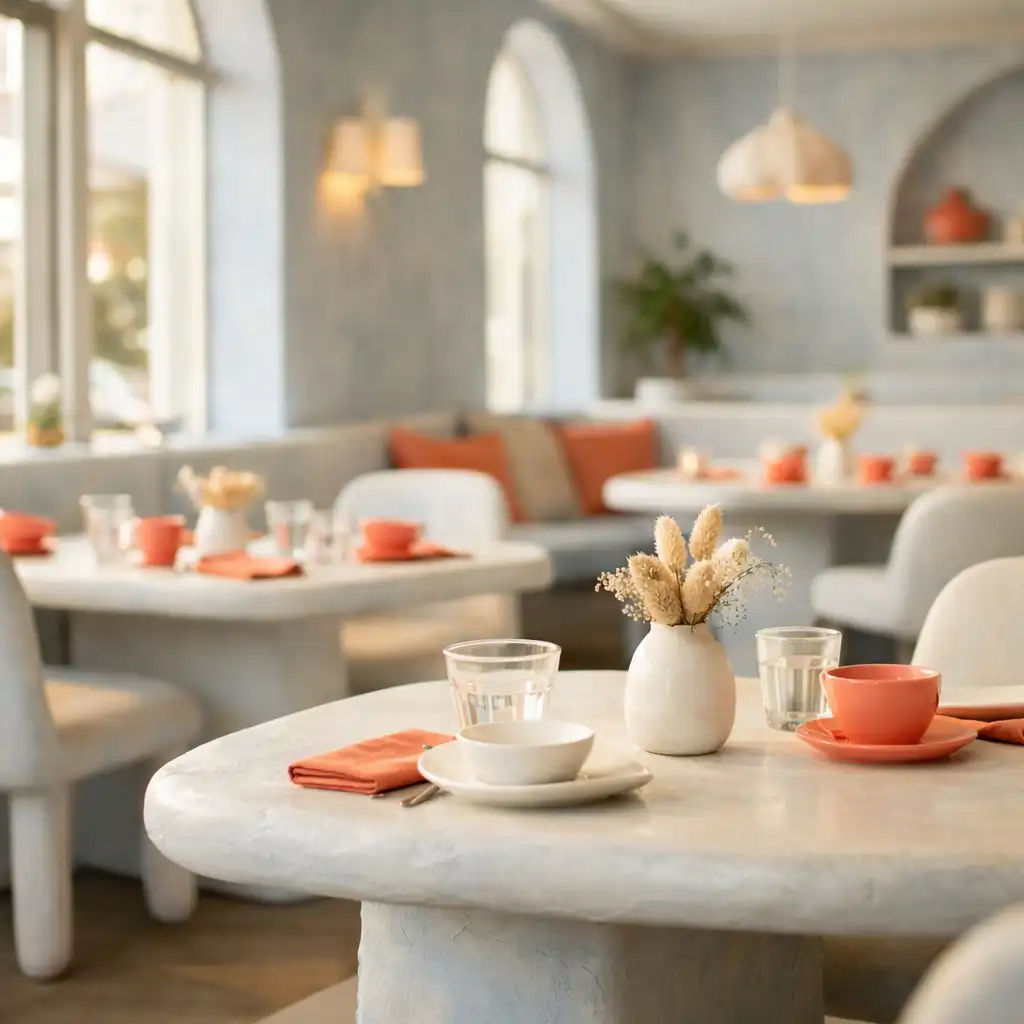 Bright and airy dining room at Food Veranda with soft clay-inspired decor