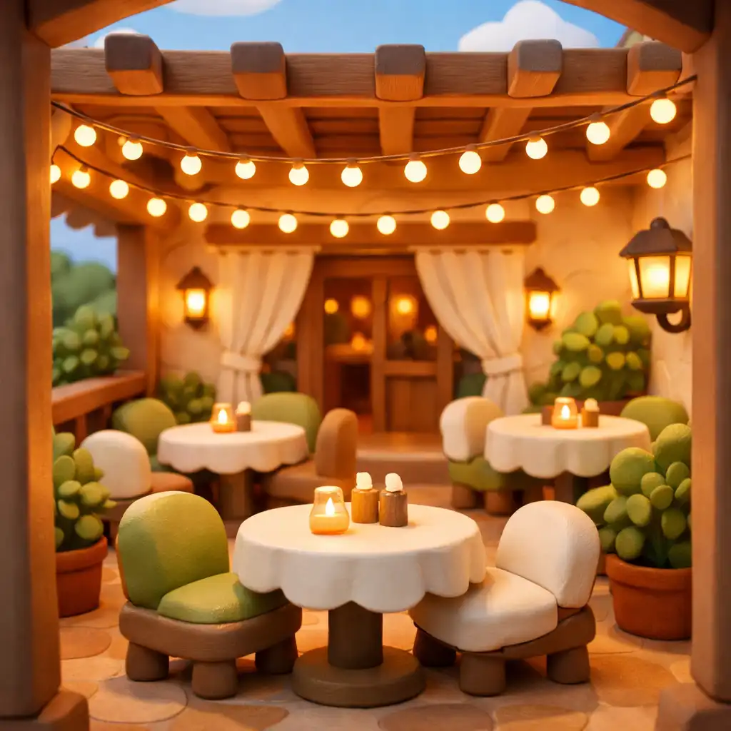 Cosy veranda seating area with warm string lights at Food Veranda